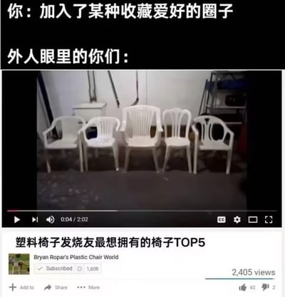 这张梗图通过上下文字与视频截图的对比，调侃各类收藏爱好圈子在外人眼中的形象。上方文字分别是「你：加入了某种收藏爱好的圈子」「外人眼里的你们：」，下方是YouTube频道「Bryan Ropar's Plastic Chair World」的视频截图，视频标题为《塑料椅子发烧友最想拥有的椅子TOP5》，展示了五款不同款式的白色塑料椅子。用这种极度小众甚至在常人看来无意义的塑料椅子收藏，来比喻所有收藏圈在外人眼中的“迷惑感”，通过反差感制造搞笑效果，精准戳中收藏爱好者被外人不理解的处境。