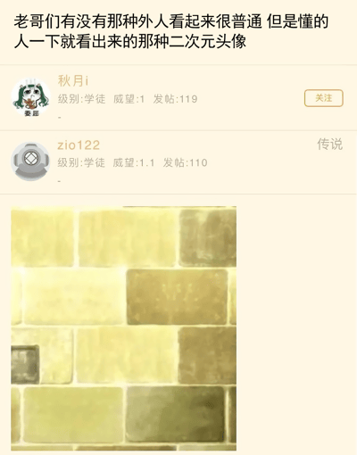 这是一张二次元爱好者论坛的社区帖子截图，楼主发帖询问是否存在外观普通、但仅二次元圈内人士能识别的头像。下方展示了两位用户的内容：用户“秋月i”使用带有委屈表情的初音未来头像，该头像对圈外人而言是普通卡通形象，二次元爱好者可快速识别；用户“zio122”以假面骑士Zi-O的变身表头作为头像，该表头外观类似普通机械装置，只有假面骑士粉丝能认出，同时还附带一张看似普通墙砖的图片，实际是动漫《进击的巨人》中的标志性墙壁，这些内容都精准契合楼主“外人不懂圈内懂”的头像需求，体现了亚文化圈层的专属趣味。