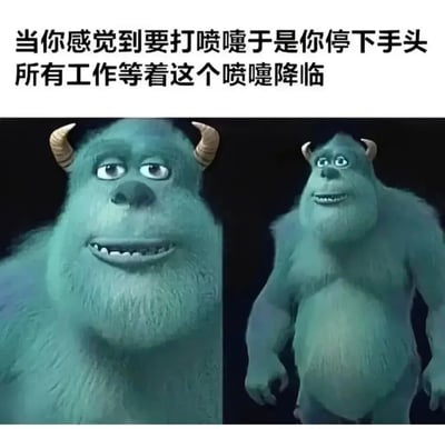 这是一张搞笑表情包，采用顶部配文加下方双图拼接的形式，顶部配文为“当你感觉到要打喷嚏于是你停下手头所有工作等着这个喷嚏降临”，下方两张图均为动画《怪兽电力公司》中的角色毛怪苏利文，左侧是苏利文的面部特写，眼神放空、表情略带呆滞和期待，右侧是苏利文的全身站立画面，整体状态僵硬静止，精准又诙谐地还原了人在预感要打喷嚏时停下所有动作等待喷嚏打出的日常场景，很容易引发大众共鸣。