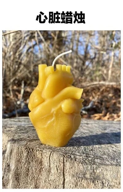 图片中展示了一个黄色的心脏形状蜡烛，蜡烛表面有细致的心脏解剖结构纹理，顶部有一根白色烛芯。蜡烛被放置在一个粗糙的树桩上，背景是模糊的森林景象，有枯枝和蓝天。图片上方有文字“心脏蜡烛”作为标题。整体给人一种独特且略带艺术感的手工制品印象。