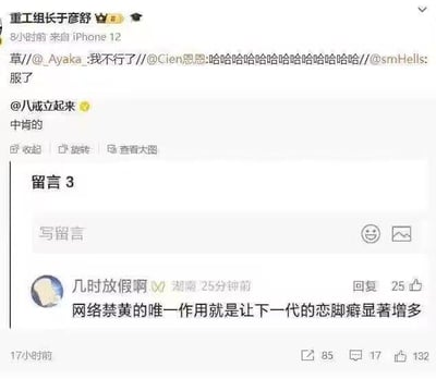 这是一张微博平台的评论区截图，展示了用户间的互动调侃。顶部是认证用户“重工组长于彦舒”转发的一串搞笑内容，包含多层转发的“我不行了”“哈哈哈哈”“服了”等情绪表达；用户“八戒立起来”评论“中肯的”；在留言区，用户“几时放假啊”发布了一条戏谑性评论：“网络禁黄的唯一作用就是让下一代的恋脚癖显著增多”，这条评论获得了25条回复和132个点赞，是截图里的核心亮点内容，用夸张的吐槽表达对网络禁黄效果的调侃。
