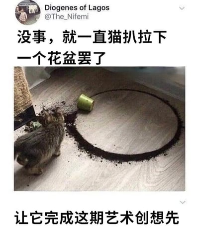 图片展示了一只猫站在木地板上，旁边是一个被打翻的绿色花盆，土壤被扒拉成一个完美的圆形。图片上方文字写着“没事，就一直猫扒拉下一个花盆罢了”，下方文字写着“让它完成这期艺术创想先”。这张图通过猫咪意外打翻花盆却形成圆形土壤的有趣场景，幽默地将猫咪的破坏行为调侃为“艺术创作”，展现了主人面对宠物调皮行为的无奈又好笑的心态。