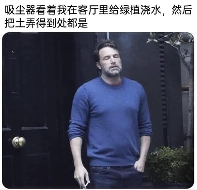 这是一张结合日常家务场景创作的搞笑梗图，上方配文“吸尘器看着我在客厅里给绿植浇水，然后把土弄得到处都是”。图中是美国演员本·阿弗莱克，他双眼紧闭，神情疲惫颓丧，一只手插在牛仔裤口袋中，另一只手拿着物品，整个人姿态放松又带着无力感，完美呈现出一种生无可恋、认命的状态。这张图将吸尘器拟人化，用人类的疲惫无奈情绪来共情家电“即将要收拾满地泥土”的“心理活动”，通过这种拟人化的幽默手法，把日常家务里的小尴尬转化为笑点，让观者产生共鸣。