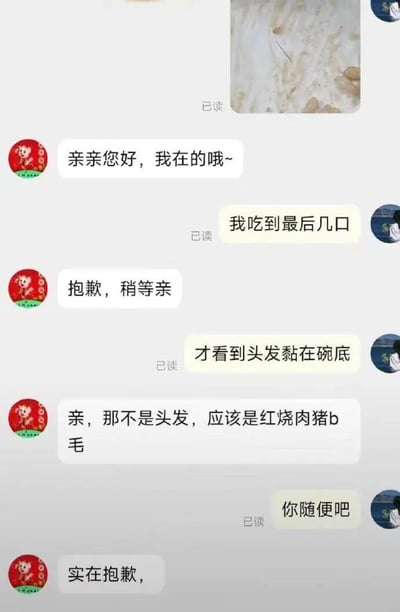 这是一段顾客与餐饮商家客服的聊天记录截图，顾客在食用餐品到最后几口时，发现碗底有类似头发的异物，随即联系商家客服反馈该问题。客服先是回复安抚并让顾客稍等，之后给出了离谱的回应，称该异物不是头发，而是红烧肉的猪b毛，这一回应让顾客感到无语，回复“你随便吧”表达不满，随后客服又发送了道歉内容。整个对话中客服的回应不仅没有解决顾客的问题，反而用荒诞的说法激化了矛盾，充满了讽刺感，凸显出该商家客服应对问题的不专业。