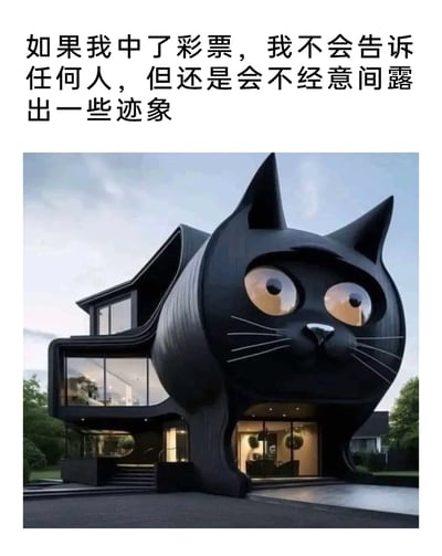 这是一张图文结合的趣味内容，上方的文字表达了一种典型的“想低调却藏不住”的心理：嘴上说着中彩票后不告诉任何人，实际却会用显眼的方式暴露自己的财富。下方是AI生成的黑猫造型创意住宅，房屋整体被设计成一只呆萌的黑色猫咪形象，猫咪头部作为房屋的一部分，搭配现代化的玻璃门窗，造型夸张又充满趣味，用这个独特且造价不菲的创意房屋，来具象化“不经意间露出迹象”的点，精准调侃了那种嘴上低调、实际忍不住炫富的反差感。