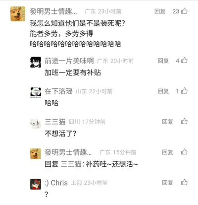 这是一张国内社交平台的评论区截图，展示了来自广东、山东、四川、上海等地的网友针对加班相关职场话题的讨论。其中点赞最高的评论来自广东用户“發明男士情趣...”，该用户调侃式发言“我怎么知道他们是不是装死呢？能者多劳，多劳多得”并附上一串大笑的文字，表达对职场中工作分配、加班现象的吐槽；另有网友提出“加班一定要有补贴”的诉求，还有网友用简单的“哈哈”回应，以及用户“三三猫”和“發明男士情趣...”之间的玩笑式互动，还有用户发出疑惑的问号。评论区用户的头像包含柴犬表情包、动漫男性角色、熊猫头表情包、卡通白猫等网络流行或原创形象，整体内容是职场人对加班、职场工作分配相关问题的真实看法与情绪表达。