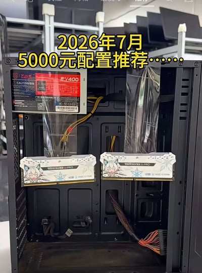这是一张数码圈搞笑梗图，图中展示了一台近乎空置的电脑机箱，仅安装了一台电源和两根印有华硕ROG吹雪姬二次元形象的台式机内存，且内存被错误插在原本应该安装显卡的PCIe插槽位置，并没有CPU、主板、硬盘、显卡等其他电脑运行必需的硬件，却搭配了“2026年7月 5000元配置推荐……”的文字，用夸张的方式玩梗，调侃未来电脑硬件价格暴涨，5000元装机预算只够买两根内存加电源的窘境，也讽刺了当下硬件价格偏高、装机预算吃紧的现状。