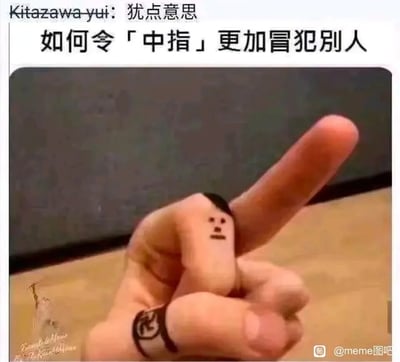 这是一张创意整活的搞笑meme图，图中对传统的竖中指手势进行了趣味改编：将原本竖起的中指弯曲，在指节位置画上了一个带有呆滞表情的人脸涂鸦，同时竖起食指，通过手指的组合，让这个涂鸦小人看起来像是做出了竖中指的动作。这种改造比单纯的竖中指多了一层戏谑感，也实现了标题所说的「令中指更加冒犯别人」的效果，整体充满了网友的脑洞创意，风格搞笑搞怪。