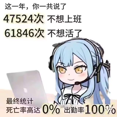 这是一张调侃打工人的图文混排梗图，图中使用手游《少女前线》里HK416的Q版卡通形象，搭配夸张的年度统计文字：“这一年，你一共说了47524次 不想上班，61846次 不想活了，最终统计 死亡率高达0% 出勤率100%”，用巨大的次数数字和反差强烈的最终统计结果，精准戳中当代打工人嘴上天天抱怨不想上班、不想生活，但实际上坚持全勤上班的真实状态，充满无奈又搞笑的反差感，没有双关或谐音梗。