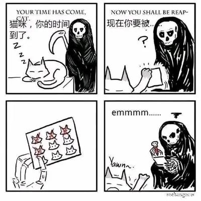这是一幅四格连环黑白卡通漫画，内容充满脑洞笑点：第一格中，手持镰刀的死神对着正在睡觉的猫咪严肃宣告：“YOUR TIME HAS COME, CAT.猫咪，你的时间到了。”；第二格中，猫咪醒来打断了死神的话，死神刚说出“NOW YOU SHALL BE REAP-现在你要被...”就露出疑惑的表情；第三格展示了猫咪举起的纸张，上面画有9只猫咪，其中6只被打叉，这是在暗示猫有九条命，它已经用掉6条，还剩3条；第四格中，死神看着这份“生命清单”，一脸无奈地发出“emmmm......”的感叹，猫咪则在一旁淡定打哈欠。漫画利用“猫有九条命”的经典说法制造反差，让死神无法完成收命任务，最终只能无奈接受。