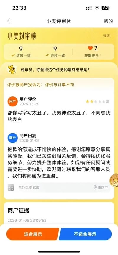 这是一张竖屏手机截图，截取的是美团外卖「小美评审团」的评审任务界面，展示了一件十分离谱的差评事件：用户找重庆某外卖鲜花店提供服务后，因为自己表白被男神拒绝，怪罪商家写字太丑，给商家打了两星差评，商家投诉这条评价和订单不符，平台发起评审让评审员判断该评价是否适合展示，用户将个人失败甩锅商家的操作十分滑稽搞笑。