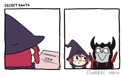 这是一幅来自《Clueless Hero》系列的两格连环卡通漫画，主题围绕圣诞传统活动“秘密圣诞老人”展开。第一格画面中，戴着深紫色尖顶巫师帽的红头发小巫师，正低头查看一张粉色的纸张，纸上清晰写着“圣诞愿望清单”和“全世界”的字样，暗示他抽到了一个完全不可能实现的礼物愿望；第二格画面里，小巫师皱起眉头，眼神中满是苦恼与无奈，而他身旁的魔王——头戴黑色尖角头盔、身披红色披风，脸上带着得意又期待的微笑，显然这份离谱的愿望正是魔王所写。漫画通过反差感制造幽默：在本应温馨轻松的秘密圣诞老人活动中，小巫师却抽到了统治级魔王想要“全世界”的愿望，让他陷入了无解的困境，充满了荒诞的喜剧效果。