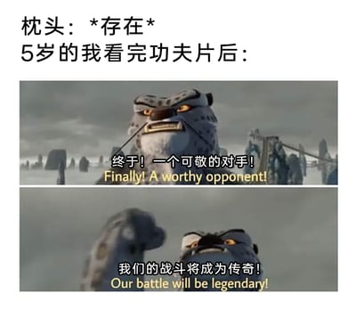 这是一张由动画电影截图二次创作而成的搞笑梗图，图上方的文字为“枕头：*存在* 5岁的我看完功夫片后：”，引出后续的场景内容。图片分为上下两部分，均是《功夫熊猫》中反派大龙的截图：第一张里大龙眼神锐利、表情严肃，配文“终于！一个可敬的对手！Finally! A worthy opponent!”；第二张里大龙摆出战斗姿势，配文“我们的战斗将成为传奇！Our battle will be legendary!”。整个梗图通过代入大龙的视角，生动调侃了5岁小孩看完功夫片后，把身边普通的枕头脑补成强劲对手，幻想出一场传奇对决的童趣中二场景，充满了童年的天真感和搞笑反差。