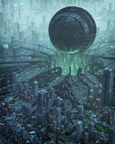 这是一幅科幻风格的未来都市景观图，画面中央悬浮着一个巨大的球形结构，表面布满复杂的金属纹路和几何图案，呈现出精密的机械美感。球体下方有绿色光芒透出，连接着类似根系的结构延伸至城市。背景是密集的未来主义高楼大厦，整体色调以蓝绿色为主，营造出神秘而震撼的视觉效果。整个场景展现了人类对未来城市形态的想象，融合了科技感与艺术设计。