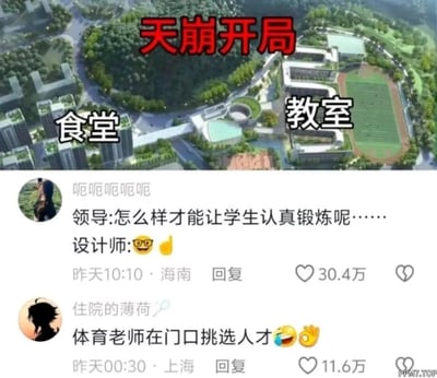 这张梗图分为上下两部分，上方是学校的3D俯瞰渲染图，清晰标注出「食堂」与「教室」的位置，二者被大片山林和道路隔开，距离十分遥远，上方配红色醒目文字「天崩开局」，调侃学生往返两地的艰辛；下方是两条热门社交媒体评论，第一条模拟校园规划时领导与设计师的对话：「领导:怎么样才能让学生认真锻炼呢……设计师:😎👍」，暗指这种离谱布局是为了让学生被迫锻炼；第二条评论则玩梗调侃「体育老师在门口挑选人才🤣👌」，吐槽这种规划相当于让学生进行高强度的「锻炼」。整体通过夸张的校园布局设计，制造出荒诞搞笑的效果，引发学生群体对不合理校园规划的共鸣。