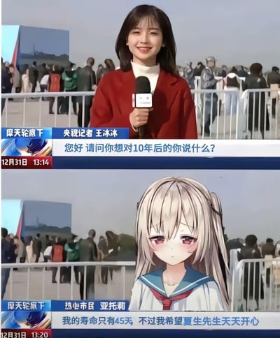 这是一张上下拼接的二次创作梗图，上半段是央视记者王冰冰在12月31日跨年当天，于街头进行采访，提问“您好 请问你想对10年后的你说什么？”；下半段将受访者替换为视觉小说《ATRI -My Dear Moments-》中的角色亚托莉，她带着忧伤的神情回答“我的寿命只有45天，不过我希望夏生先生天天开心”。原本对未来的期许提问，和亚托莉短暂寿命下只在意他人的回答形成强烈反差，戳中众多二次元玩家的泪点。
