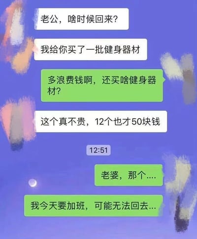 这是一张模拟夫妻聊天记录的梗图，蓝色背景上有彩色抽象笔触装饰。对话内容显示妻子告诉丈夫买了健身器材，丈夫起初觉得浪费钱，但听到12个才50块钱后，立刻找借口说要加班不回家，形成幽默反差。