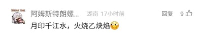 这是一张社交媒体平台的评论区截图，展示了一条由昵称“阿姆斯特朗螺...”的用户发布的评论，该用户所在地标注为湖南，评论发布于17小时前，内容为“月印千江水，火烧乙炔焰”并附带一个斜眼笑的表情，这条评论获得了9个点赞。用户头像是一个动漫风格的女性角色，角色双眼闭合，神态慵懒，双手捧着物品凑近嘴边，头像上方有“BREAK TIME”的字样。评论内容采用了对仗的形式，前半句是文雅的诗句风格，后半句则是化学领域中乙炔燃烧的相关表述，通过这种文雅与生活化专业内容的反差制造出搞笑的玩梗效果，属于网络上常见的趣味对仗梗。