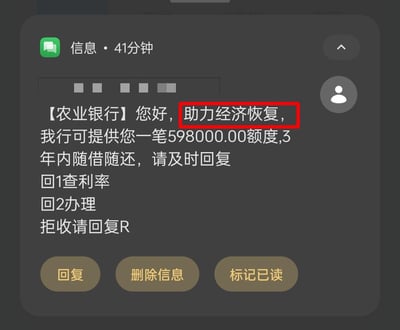 这是一张手机短信界面的截图，展示了一条来自【农业银行】的贷款推广短信。短信以“助力经济恢复”为宣传由头，为用户提供最高598000元的3年期随借随还贷款额度，同时设置了回复1查询利率、回复2办理业务、回复R拒收该类信息的操作选项，界面底部还提供了回复、删除信息、标记已读三个功能按钮。