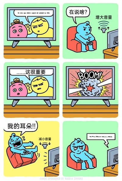 这是一幅六格连环卡通漫画，描绘了一个蓝色小人看电视时的尴尬经历：第一格中电视里的黄色卡通角色凑到粉色卡通角色耳边说悄悄话；第二格蓝色小人坐在沙发上，因听不清电视里的内容疑惑发问“在说啥？”，并调大了电视音量；第三格电视里的黄色角色强调“……这很重要”；第四格电视画面突然出现爆炸场景，配文“BOOM!”；第五格蓝色小人被巨响震得大叫“我的耳朵!!”，慌忙调小电视音量；第六格电视画面又变回悄悄话场景，蓝色小人一脸不爽地坐在沙发上。漫画还原了很多人在看电视时，遇到小声内容调大音量后突然出现巨响的真实尴尬场景，充满生活趣味。