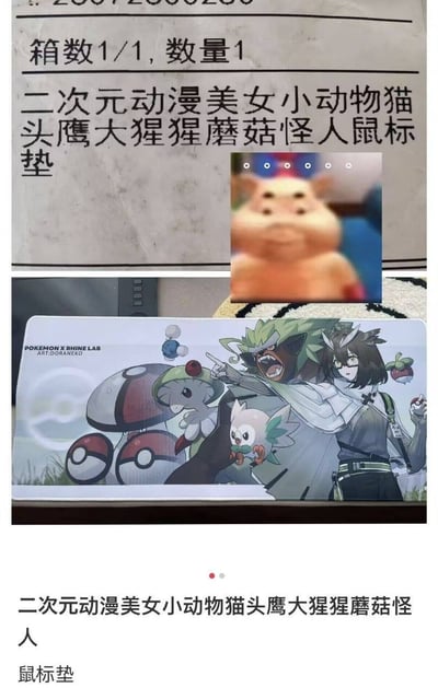 这是一张拼接式趣味梗图，上半部分为快递面单截图，面单上标注的商品名是堆砌了多个元素的超长名称“二次元动漫美女小动物猫头鹰大猩猩蘑菇怪人鼠标垫”，旁边搭配了一张满脸疑惑、头顶多个加载圆点的仓鼠表情包；下半部分是网友实际收到的鼠标垫实拍，该鼠标垫是宝可梦和明日方舟的联动同人创作，上面的图案恰好完美覆盖了商品名里提到的所有元素，图的底部还重复标注了该商品的超长名称，笑点在于看似随意堆砌的商品名居然和实物完全匹配。
