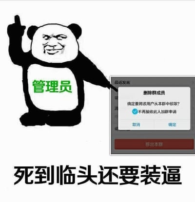 图片左侧是一个带有夸张表情的熊猫头表情包角色，其胸口用绿色文字标注“管理员”，角色抬起一只手指向右方。右侧是一个模拟群聊管理的弹窗界面，显示“删除群成员”确认窗口，内容为“确定要将该用户从本群中移除?”，下方有勾选框“不再接收此人加群申请”及“取消”“确定”两个按钮。图片底部有黑色大字“死到临头还要装逼”。该梗图通过管理员准备踢人的场景，幽默讽刺了某些群成员在即将被移出群聊时仍表现出嚣张态度的行为。
