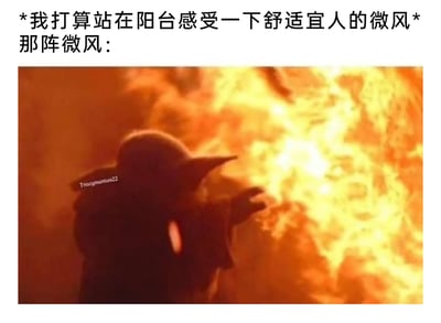 这是一张图文结合的搞笑梗图，上方文字先构建了一个温馨的预期场景：“我打算站在阳台感受一下舒适宜人的微风”，随后用“那阵微风：”引出下方的图片内容。图片呈现的是《星球大战》中尤达大师的黑色剪影，他正伸出手，面前是汹涌澎湃、极具视觉冲击力的火焰，用这种夸张的画面来表现实际感受到的风并非预期中的轻柔舒适，而是猛烈到如同火焰席卷一般。整张图通过强烈的预期与现实的反差，制造出幽默搞笑的效果，精准调侃了那种和想象中完全不符的大风天气，引发人们对类似“理想很美好现实很骨感”经历的共鸣。