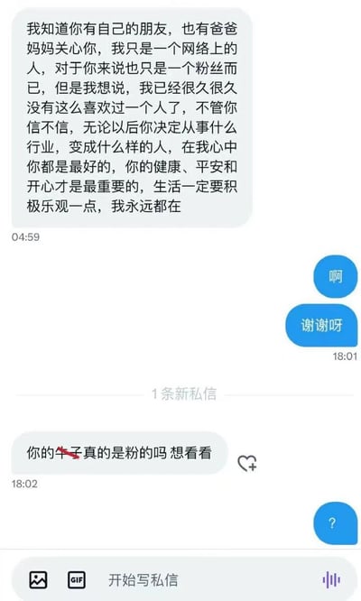 图片展示了一段社交媒体私信聊天记录。上方为粉丝发送的长篇暖心消息，内容包含对对方的理解（有朋友和父母关心）、自我定位（只是网络上的粉丝）、深情表白（很久没这么喜欢一个人）、祝福（健康平安开心最重要，永远都在）。中间是对方的简短回复“啊”和“谢谢呀”。下方出现粉丝新发送的消息，其中包含被红色涂抹的不当词汇及露骨请求“你的牛子真的是粉的吗想看看”。整体呈现了粉丝从最初的温情关怀突然转向不当言论的转变过程。