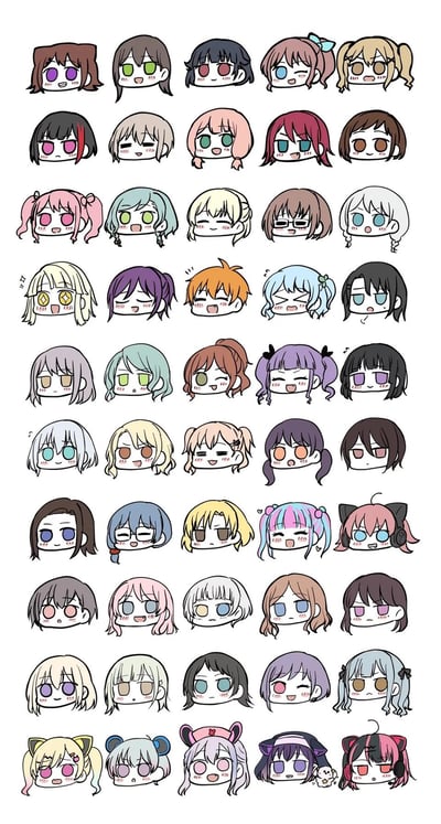 这是一张竖排拼接的同人创作图，集合了《BanG Dream!》企划中50个不同的二次元女性角色Q版头像，每个角色都有着独特的发型、发色，搭配开心、搞怪、元气、委屈等多样生动的表情，画风软萌可爱，适合作为ACG社群分享素材、头像使用，或是用于角色识别参考。