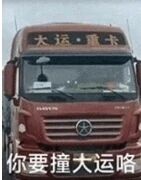 图片中展示了一辆棕色的大运·重卡卡车，车头上方有“大运·重卡”的品牌标识。图片下方配有文字“你要撞大运咯”，利用“大运”品牌名与成语“撞大运”（意为遇到好运气）的谐音双关，制造出幽默有趣的效果，让人会心一笑。