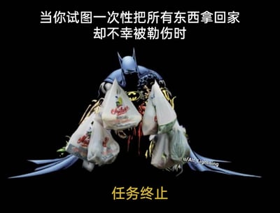 这是一张经过P图改编的搞笑网络梗图，将DC漫画的经典超级英雄蝙蝠侠与日常购物场景结合。画面中原本充满力量感的蝙蝠侠蜷缩着身体，双手挂满了装满物品的白色购物塑料袋，姿态痛苦无力，仿佛被塑料袋提手勒到无法承受。图上方配有文字“当你试图一次性把所有东西拿回家却不幸被勒伤时”，下方配有“任务终止”的文字，用超级英雄“任务失败”的夸张演绎，精准调侃了日常生活中人们为了省事一次性拿太多购物袋，被勒得痛苦不堪的普遍经历，通过反差感制造搞笑效果，让观者产生强烈共鸣。