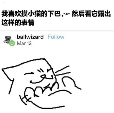 图片上方为黑色文字：'我喜欢摸小猫的下巴,-_- 然后看它露出这样的表情'，下方模拟社交媒体帖子样式，显示用户名'ballwizard'、蓝色'Follow'按钮及日期'Mar 12'，最底部是一幅简笔画风格的涂鸦小猫。小猫头部呈方形，眼睛眯成细线，嘴巴微微上扬，胡须和爪子线条简单，整体表情显得十分惬意，仿佛正享受被抚摸下巴的舒适感。画面通过文字与图像结合，生动展现了宠物互动中的温馨瞬间。