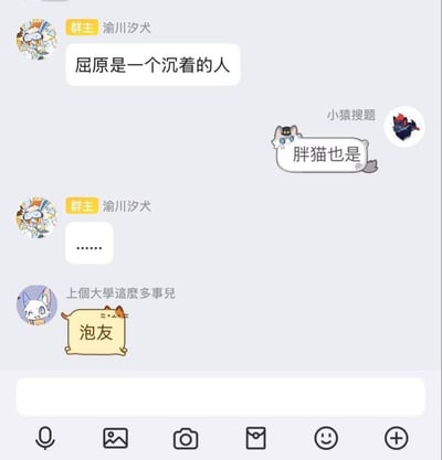 这是一段即时通讯软件的群聊记录截图，群主发言称“屈原是一个沉着的人”，群友“小猿搜题”玩起谐音双关梗，接话“胖猫也是”，用“沉着”的字面意思（沉在水里）回应，让群主发出省略号表示无语，随后另一位群友发出带有“泡友”字样的梗图，延续整活氛围。
双关说明：“沉着”在这里有两层含义，一是指屈原性格沉稳冷静，二是暗指屈原投江沉于水中，群友顺势玩梗，调侃胖猫体重重掉水里也会沉下去，形成搞笑的双关效果。