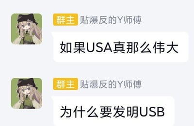 这是一段微信群聊的截图，群内群主“贴爆反的Y师傅”连续发送两条消息，玩起了谐音梗：“如果USA真那么伟大，为什么要发明USB”。

这里使用了谐音梗，USA（美利坚合众国的英文缩写）和USB（通用串行总线接口的英文缩写）发音相近，将两个完全不相关的事物强行关联，制造出无厘头的冷幽默效果，属于典型的网络冷笑话内容。