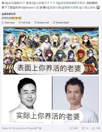 这是一条发布于微博平台的用户动态截图，发布设备为iPhone，时间为当日18:18。动态顶部是多位微博用户的连锁互动评论，内容包含“救//@白毛腊肠犬:住手//@九条樱子:？？//@豆包和铁锅势不两立:妈的瞬间停下了氪金的手//@Master小宝:卧槽//@岛田小阑:@海葵大統領 @小宮山深水 😂”，博主@遠坂美杜莎配文“发病完成😭😭😭”，表达看到梗图后的强烈共鸣情绪。动态核心是一张上下对比的玩梗图：上半部分是手游《Fate/Grand Order》（简称FGO）的多位人气游戏角色，涵盖不同职阶、风格各异的二次元角色，配文“表面上你养活的老婆”，对应玩家在游戏中喜爱的虚拟角色；下半部分是两位真人男性的肖像照，他们是FGO的核心制作人盐川洋介和庄司显仁，配文“实际上你养活的老婆”，用强烈的反差感调侃玩家为抽取虚拟角色投入大量金钱，最终是在支撑游戏制作团队的运营，戳中玩家氪金的“痛点”，属于玩家群体的自嘲式玩梗。该微博的互动数据为转发465次、评论14条、点赞158次，右下角带有博主“@遠坂美杜莎”的水印。