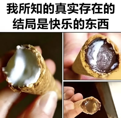图片上方有黑色加粗文字“我所知的真实存在的结局是快乐的东西”，下方由三张实拍冰淇淋蛋筒的特写照片组成。左侧照片展示一只蛋筒被掰开，内部填满白色奶油；中间照片中蛋筒内有黑白分层的奶油与巧克力酱混合；右侧照片则呈现蛋筒底部残留的棕色酱料。整体通过美食特写传递“圆满结局”的治愈感，用冰淇淋蛋筒的丰富内馅象征生活中真实存在的快乐瞬间。