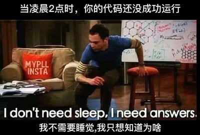 这张梗图截取美剧《生活大爆炸》中谢尔顿的经典画面，搭配精准贴合程序员日常的文字，吐槽开发者在凌晨两点代码仍无法成功运行时的状态：完全顾不上睡眠，满脑子都是找出代码问题的执念。图中上方标注中文“当凌晨2点时，你的代码还没成功运行”，画面中间的英文台词为“I don't need sleep, I need answers.”，下方配有对应的中文翻译“我不需要睡觉,我只想知道为啥”，生动还原了深夜调试代码的程序员的真实心态，无谐音梗或双关含义。