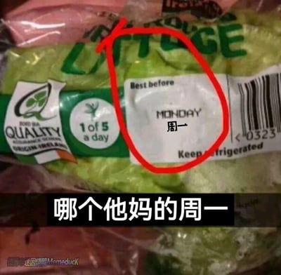 这是一张生活吐槽类搞笑梗图，主体是一包标注“ORIGIN-IRELAND（爱尔兰原产）”的生菜包装，包装上的“Best before（最佳食用日期）”仅模糊标注了“MONDAY（周一）”，未标注具体年份和月份，发布者用红圈突出该标签，并在图片底部添加了愤怒的吐槽文字“哪个他妈的周一”，既吐槽了商品标注的不严谨，又结合大众对周一普遍存在的抗拒、焦虑情绪，放大了搞笑和共鸣感，图的左下角带有微博用户@迷因烧鸭Memeduck的水印。