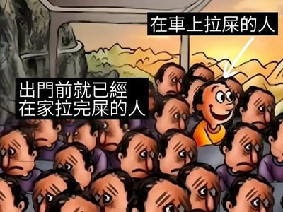 这是一幅讽刺搞笑类卡通梗图，场景设定为拥挤的长途大巴车厢内，窗外是黄昏时分的山地景观。车厢里绝大多数乘客都眉头紧皱、满脸痛苦憋闷，这类群体被标注为“出门前就已经在家拉完屎的人”，唯有一名穿黄色上衣的乘客挤在人群中满脸得意笑容，被箭头标注为“在车上拉屎的人”，通过强烈的情绪反差制造笑点，调侃长途出行时出现的尴尬公共场景，既讽刺了在公共交通工具上做出不文明行为的人毫无公德心的状态，也暗含了公共出行场景下其他乘客被迫承受糟糕环境的无奈。