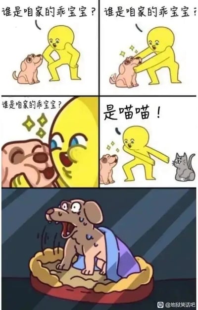 这是由连环图加单图组成的搞笑梗图，前四格为连环漫画：第一格中，黄色拟人化小人（主人）叉腰向面前的小狗提问“谁是咱家的乖宝宝？”，小狗抬头露出期待的神情；第二格主人开心地抱住小狗，小狗也显得十分愉悦；第三格主人再次提问“谁是咱家的乖宝宝？”，小狗兴奋地凑向主人；第四格主人却转向一旁的灰色小猫，说出“是喵喵！”，小狗瞬间露出失落的神情。最后单独的一张图中，狗狗裹着毯子缩在狗窝里，大张着嘴，浑身发抖，表情崩溃，显然因为主人的偏爱落空而受到了巨大的打击。整个图通过主人的态度反差制造出强烈的喜剧效果，放大了狗狗的情绪落差，属于典型的地狱笑话类梗图，用夸张的表现手法博人一笑。