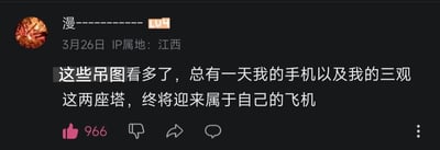 这是一张哔哩哔哩（B站）评论区的屏幕截图，用户“漫-----------”（LV4等级，IP属地江西，发布于3月26日）发布了一条玩梗评论，内容为“这些吊图看多了，总有一天我的手机以及我的三观这两座塔，终将迎来属于自己的飞机”，该评论获得了966个点赞。
这条评论使用了比喻梗，将自己的手机和三观比作两座塔，用“迎来飞机”的表述暗指会像经典事件里的双塔一样被“冲击破坏”，以此夸张地自嘲看多了网络上的搞笑离谱图片（吊图）后，自己的三观会被刷新，手机也可能因为相关内容受到影响，是一种充满网感的搞笑表达。