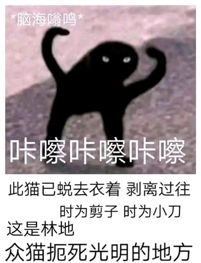 这是一张图文混排的荒诞梗图，画面主体是一只黑色拟人化的猫，它双眼呈白色，神态诡异，举起两只前肢做出类似挥舞剪子或小刀的动作。图中配有多层文字：顶部标注“*脑海嗡鸣*”，对应猫的动作配“咔嚓咔嚓咔嚓”，下方还有一段充满脑洞的叙事文字“此猫已蜕去衣着 剥离过往 时为剪子 时为小刀 这是林地 众猫扼死光明的地方”。整体氛围诡异又带着荒诞搞笑感，通过拟人化的动物形象和无厘头的文字构建出一个脱离常规逻辑的脑洞场景，主要用于表达混乱、脑洞大开的情绪，属于网友创作的趣味梗图。