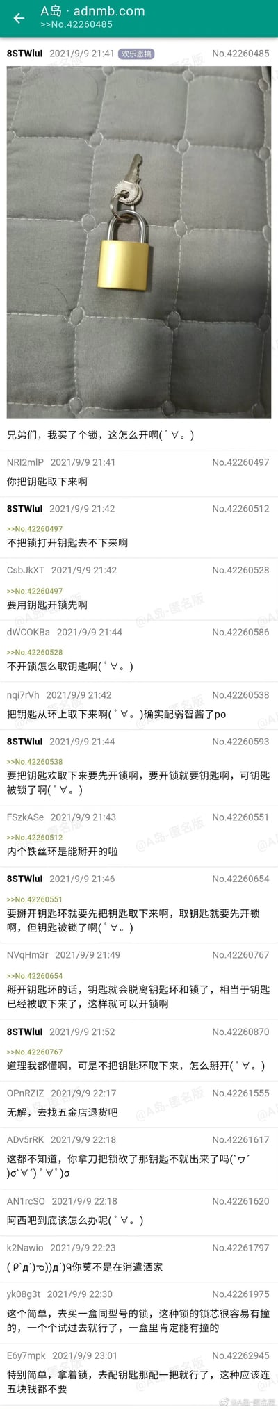 这是A岛匿名版“欢乐恶搞”板块的一则帖子，楼主发布了一张挂锁、钥匙被同一个钥匙环套在一起的照片，称自己陷入了“要开锁必须拿到钥匙，要拿到钥匙必须先开锁”的死循环，向网友求助。随后楼主与其他网友展开了一系列搞笑对话，网友们纷纷给出取下钥匙、掰开钥匙环、砸锁、购买同型号锁试开、配万能钥匙等建议，但楼主始终困在自己的逻辑里无法跳出，引发了趣味十足的讨论，充满了无厘头的搞笑氛围。