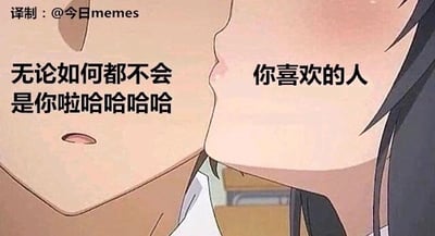 这是一张经过文字改编的动画截图梗图，画面呈现两个二次元角色近距离相对的场景，右侧角色被标注为“你喜欢的人”，该角色说出的台词却是“无论如何都不会是你啦哈哈哈哈”，形成强烈的情感反差，用戏谑的方式放大了恋爱中被喜欢的人拒绝的扎心情感，精准戳中年轻人在恋爱中的失落心境，属于搞笑又扎心的恋爱类梗图。