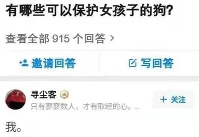 这是一张来自知乎平台的社交媒体静态截图，截图呈现了一个问答界面，顶部的提问为“有哪些可以保护女孩子的狗？”，该问题显示已有915个回答。用户“寻尘客”在问题下给出了一个简短又充满趣味的回复“我。”，利用谐音和双关的手法，将自己比作能够保护女孩子的“可靠之人（忠犬）”，营造出幽默的效果。该用户的签名为“只有寥寥数人，才有取经的心。”，界面还设有“邀请回答”和“写回答”的功能按钮。对于图中的问题，除了这类趣味回复，现实中可以保护女孩子的狗通常是体型较大、忠诚度高且有威慑力的犬种，比如罗威纳犬、德国牧羊犬、卡斯罗犬、杜宾犬等，这些犬种经过训练后能很好地保护主人；还有一些性格沉稳、对主人极度忠诚的中型犬，比如金毛寻回犬、拉布拉多犬，也能在遇到危险时给主人提供帮助和陪伴。