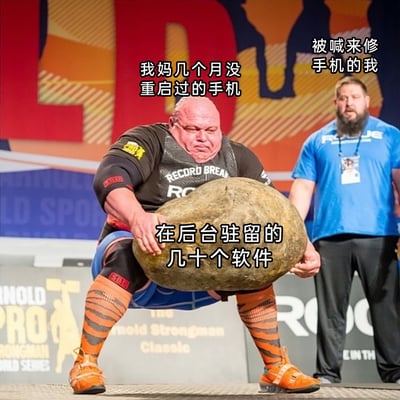 这是一张贴合生活的搞笑梗图，改编自阿诺德大力士经典赛的抱石项目照片。图中用大力士费力抱着巨石的状态，类比长期未重启、后台堆满软件的长辈手机：右上角的蓝衣男子被标注为“被喊来修手机的我”，代表前来帮忙清理的人；表情痛苦的大力士对应“我妈几个月没重启过的手机”，而他怀中的巨石则被标注为“在后台驻留的几十个软件”，生动形象地表现出这类手机后台负载过重、清理时的艰难感，精准戳中了很多人帮长辈处理数码设备的经历。