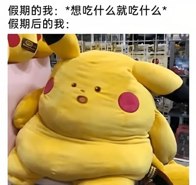 这张梗图通过对比展示了假期前后的状态变化。上方文字写着'假期的我: *想吃什么就吃什么* 假期后的我:'，下方是一个异常肥胖的皮卡丘玩偶，形象地表达了假期放纵饮食后体重增加的幽默效果。