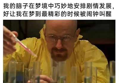 这张梗图上方配有文字：'我的脑子在梦境中巧妙地安排剧情发展，好让我在梦到最精彩的时候被闹钟叫醒'，下方是《绝命毒师》中Walter White穿着黄色防护服专注进行化学实验的场景截图。图片通过Walter White精心操作的形象，幽默地比喻大脑像个