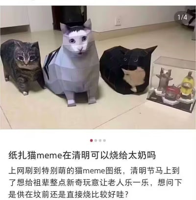 这张图展示了几个用纸折成、印有猫咪梗图表情的纸扎玩偶，旁边还有一个透明盒子，里面有更多类似的纸猫、纸公仔。下方配文幽默地提出“纸扎猫meme在清明可以烧给太奶吗”，并进一步调侃要不要给祖辈们也整点新颖好玩的，让他们‘云吸猫’。整体画面风格新奇搞笑，带有明显的网络梗味，将流行的猫表情包和中国传统的祭祀纸扎文化结合，属于典型的中式幽默。并引申出传统习俗和互联网流行文化结合的话题。

从暗示来看，图片利用清明祭祖烧纸的习俗，结合现代网络形象，以一种反差感制造幽默感，但无明显政治内容。