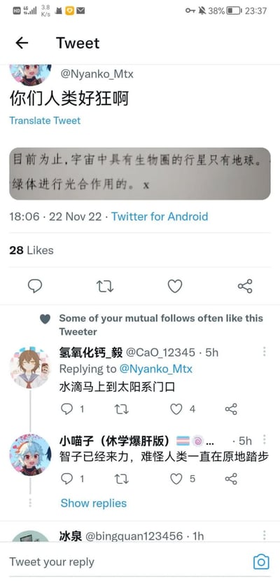 这是一张Twitter（现X.com）截图，显示了用户@Nyanko_Mtx发布的一条推文："你们人类好狂啊"，并附带了一段关于地球是宇宙中唯一已知有生物圈行星的文字，其中部分内容被划掉。推文发布于2022年11月22日18:06，使用Twitter for Android客户端，获得了28个点赞。下方有两条回复，一条提到"水滴马上到太阳系门口"，另一条提到"智子已经来力，难怪人类一直在原地踏步"，这些回复似乎在引用科幻作品中的概念来回应原推文的观点。